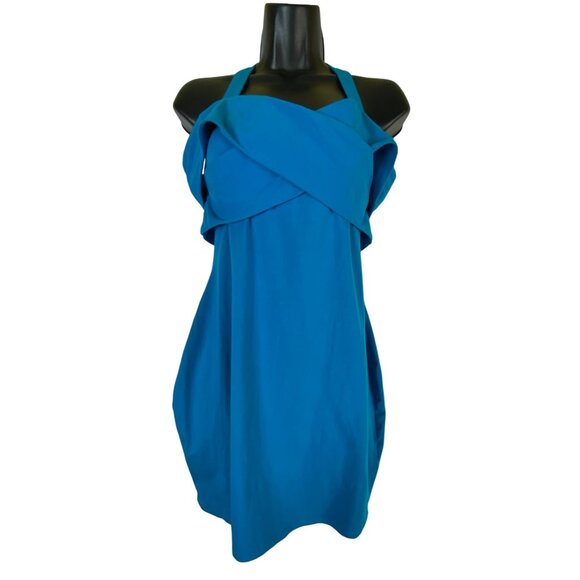 Super Down Cross Front Halter Cotton Stretch Dress Blue Medium Bodycon Sexy Y2K - Picture 5 of 8